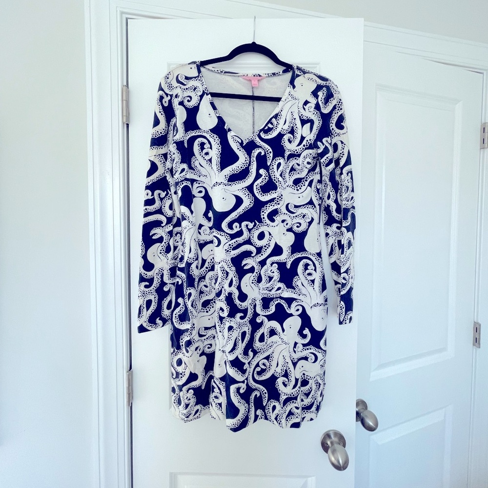 Lilly Pulitzer Womens Sheath Dress Blue Daylin Octopus Stretch Long Sleeve